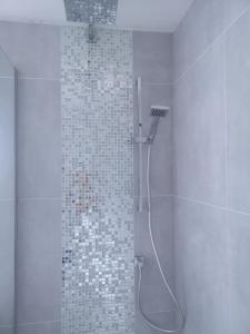 a bathroom with a shower with a glass shower at Luxury superking OR standard OR budget rooms in Newhaven