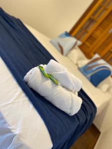 dos toallas sentadas encima de una cama en Hospedaria Morada das Orquídeas, en São Sebastião