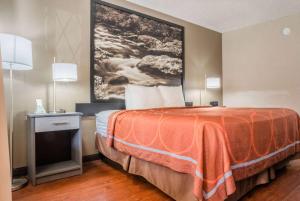a hotel room with a bed with a orange blanket at Super 8 by Wyndham Downtown Gatlinburg at Convention Center in Gatlinburg +28 photos