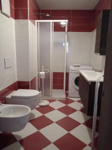 La salle de bains est pourvue d'un sol en damier rouge et blanc. dans l'établissement Ciasa del Faure, à Pozza di Fassa