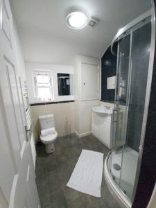 a bathroom with a shower and a toilet and a sink at Double King Bed Central Apartment by Property Promise in Cardiff
