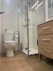 La salle de bains est pourvue de toilettes et d'une douche en verre. dans l'établissement Apartamento CON TERRAZA, à Caravaca de la Cruz