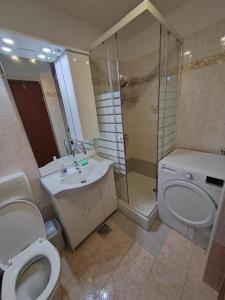 uma casa de banho com um WC, um lavatório e um chuveiro em Rooms Neda em Izola