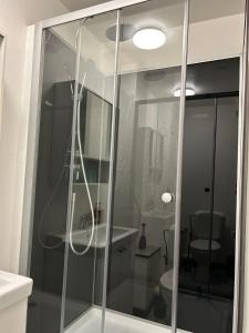 La salle de bains est pourvue d'une douche en verre et de toilettes. dans l'établissement Impasse 2, à Fosses-La-Ville