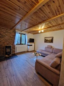 a living room with a couch and a fireplace at Ferienwohnung am Eisenberg in Schmiedefeld am Rennsteig