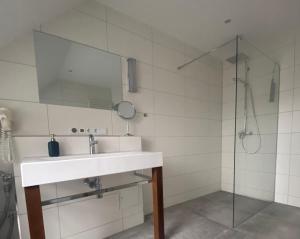 バースにあるDarßblick, Penthouse-Wohnung für 4 Personen mit Meerblick in Barthの洗面台とシャワー付きのバスルーム +8枚の写真