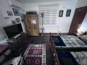 a bedroom with two beds and a flat screen tv at Prenoćište Jocic in Pirot