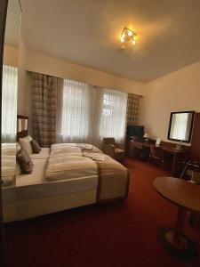 a hotel room with a large bed and a desk at Hotel Boizenburger Hof in Boizenburg