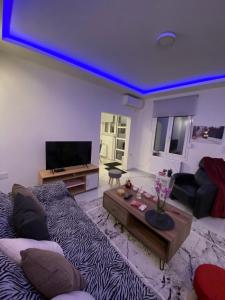 een grote woonkamer met een blauw plafond bij Alexandra apartment in Athene