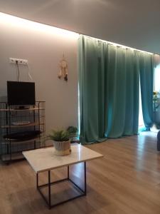 a living room with a green curtain and a table at Douro porto apartamento in Valbom