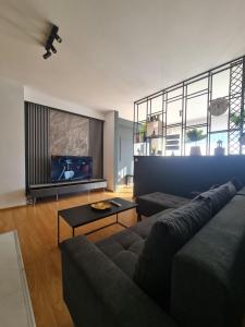 ein Wohnzimmer mit einem Sofa und einem TV in der Unterkunft Apartment 2 Plisi Gjilan in Gnjilane