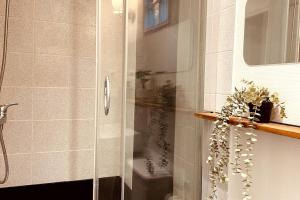 a bathroom with a glass shower with a toilet at Le Soleil Parisien in Villejuif