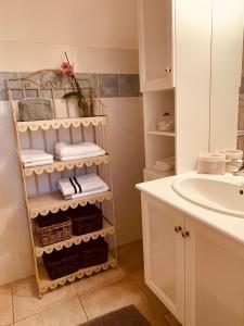 La salle de bains est pourvue d'un sèche-serviettes et d'un lavabo. dans l'établissement Gîte Les Vignes, à Carpentras