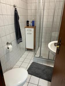 y baño con ducha, aseo y lavamanos. en Privatzimmer Haus Grünewald, en Solingen