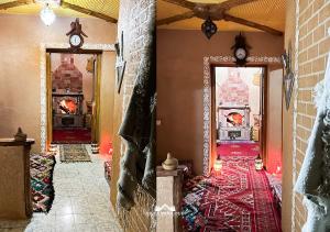 a hallway with two mirrors and a red rug at Villa Mouloud réservée aux familles in Arrougou