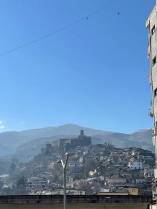a view of a city with a hill in the background at Bora Hotel in Gjirokastër