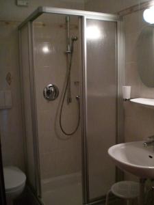 ein Bad mit einer Dusche, einem WC und einem Waschbecken in der Unterkunft Schiedhof in Kastelruth