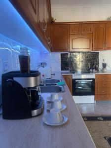 a kitchen with a coffee maker on a counter at Bright apartment, spacious near the center in Tríkala