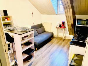 een woonkamer met een bank en een tafel bij Logements Un Coin de Bigorre - T2 de campagne - Canal plus & Netflix - Wifi fibre - Centre village in Tournay
