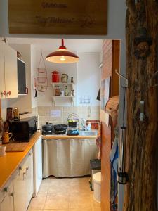 a kitchen with a counter and a sink in it at Gästehaus Zur Walnuss Berlin in Blankenfelde