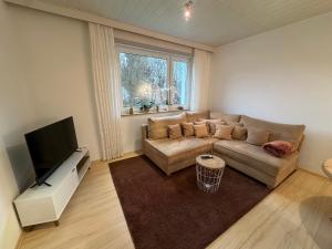 uma sala de estar com um sofá e uma televisão de ecrã plano em Gemütliches Appartement - WBS em Goldkronach