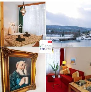 a collage of photos of a hotel room with a portrait of a man at Schluchseezauber 1123 - Alm Chic mit Pool & Sauna in Schluchsee