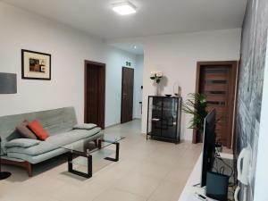 a living room with a couch and a tv at DePiro Point Deluxe - Modern, designer apartment 2 minutes away from popular Sliema seafront in Sliema