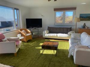 a living room with a couch and a coffee table at Alpenpanorama am Hochrhein in Gailingen