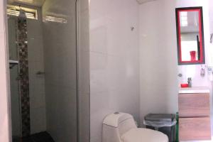 uma casa de banho com um chuveiro e um WC. em Casa campestre clima caliente - agroturismo em Bogotá