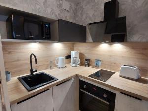 kuchnia ze zlewem i mikrofalówką w obiekcie Studio au calme, plage et centre à pied, jardinet ensoleillé, parking privé - FR-1-550-51 w mieście Saint-Georges-de-Didonne