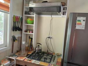 a kitchen with a stove top and a microwave at Donde La Euli. in Pitrufquén