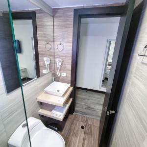 a bathroom with a toilet and a mirror at Hotel Boutique Palacete in Bogotá