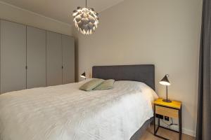 um quarto com uma cama e um lustre em Artisa Riia Str 20a Luxury Penthouse Apartment em Tartu