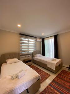 een slaapkamer met 2 bedden en een raam bij Villa Viyana Duo in Fethiye