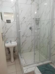 y baño con ducha y lavamanos. en Gold Reef Hideout, en Johannesburgo