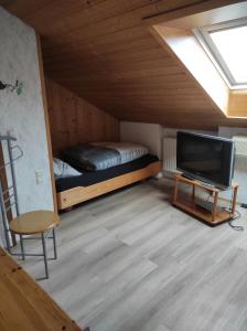 um quarto com uma cama e uma televisão num sótão em Ferienwohnung Gartenblick em Ensingen