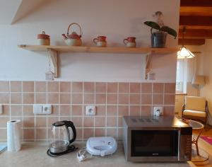 uma cozinha com um balcão e um micro-ondas em Apartmán u potoka em Nové Město na Moravě