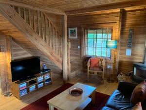 Cabaña con sala de estar con sofá y TV. en Horsey Reach Lodge, en Stanley