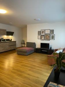 sala de estar con sofá y suelo de madera en Apartment Hilde, en Schwaz