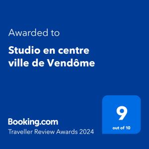 Certifikát, hodnocení, plakát nebo jiný dokument vystavený v ubytování Studio en centre ville de Vendôme