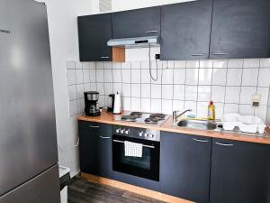 eine Küche mit Herd und Spüle in der Unterkunft Cozy apartments in Halle in Nietleben
