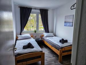 two beds in a room with a window at Cozy apartments in Halle in Nietleben