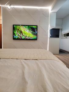 Un dormitorio con una cama con un televisor en la pared. en Sleep and travel, en Sarajevo