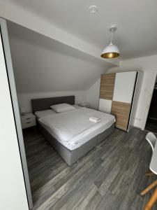 a bedroom with a large bed and a mirror at Apartment Vlora 2-Naturblick in Villach