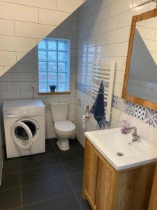 łazienka z pralką, toaletą i umywalką w obiekcie Biały Dom w Łagowie