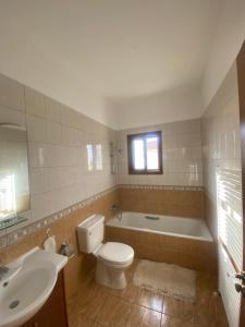 La salle de bains est pourvue de toilettes, d'une baignoire et d'un lavabo. dans l'établissement Villa Ariadni, à Pissoúri