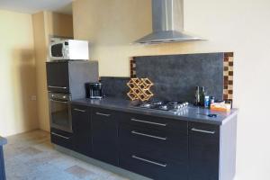 - une cuisine noire avec cuisinière et four micro-ondes dans l'établissement maison Jonquière millet, à Jonquières