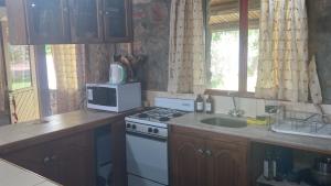 a kitchen with a stove and a microwave at Casa Nostra in El Nihuil