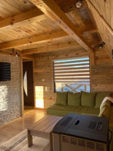 a living room with a green couch and a window at BRVNARE DJOKIĆ in Ðokici