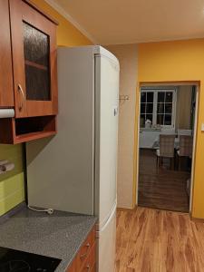 uma cozinha com um frigorífico e uma sala de jantar em Apartmán u Petrů 1 em Jáchymov